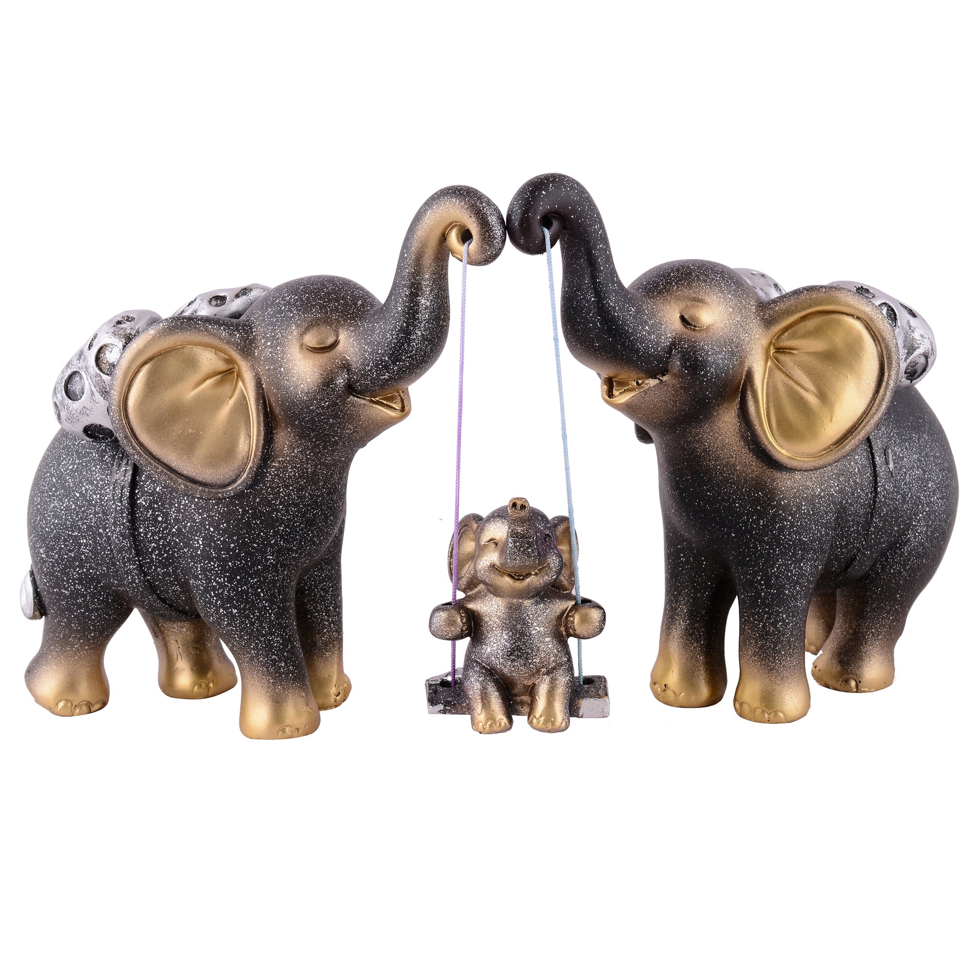 Elephant Family Showpiece with Baby on Swing - White