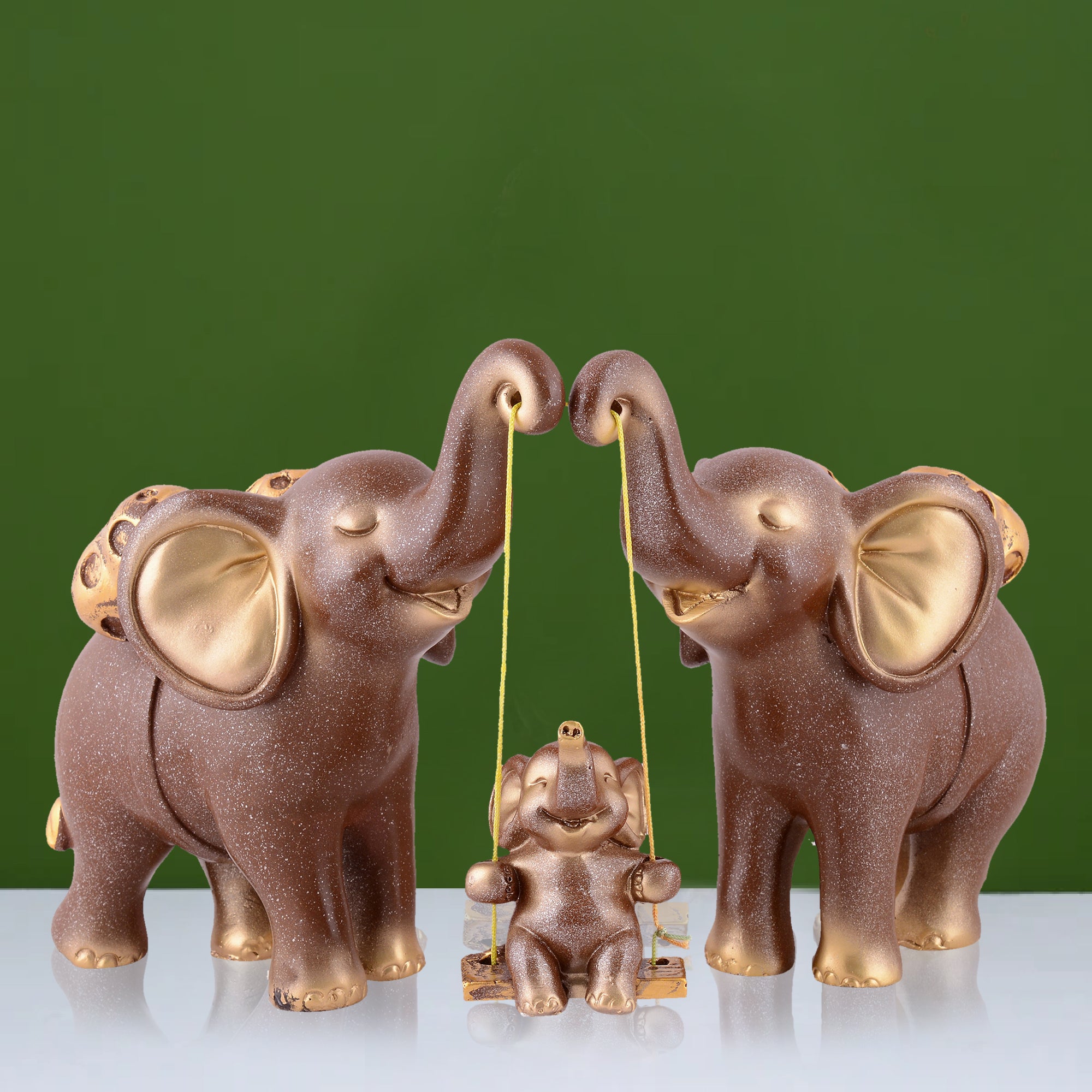 Elephant Family Showpiece with Baby on Swing - White