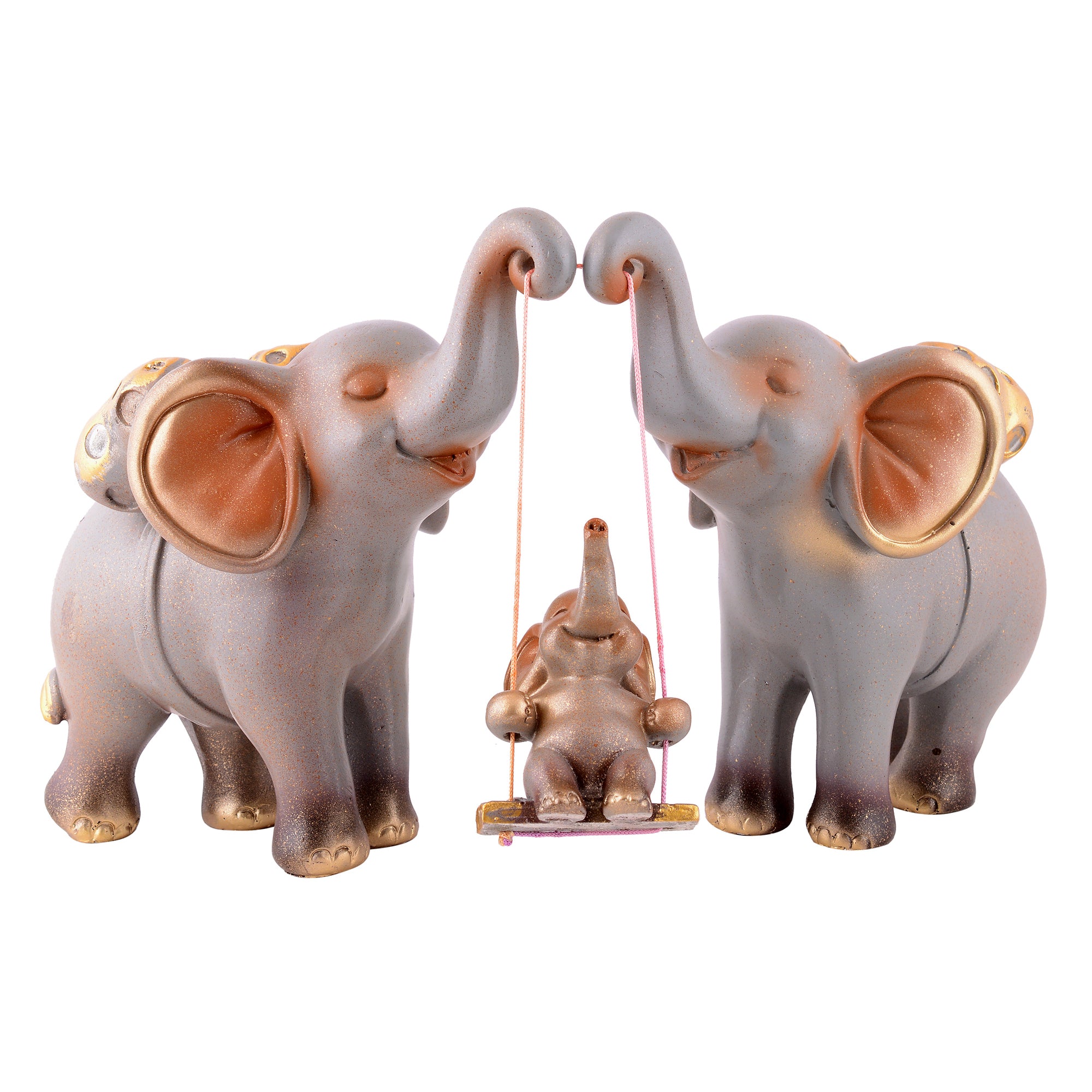 Elephant Family Showpiece with Baby on Swing - White