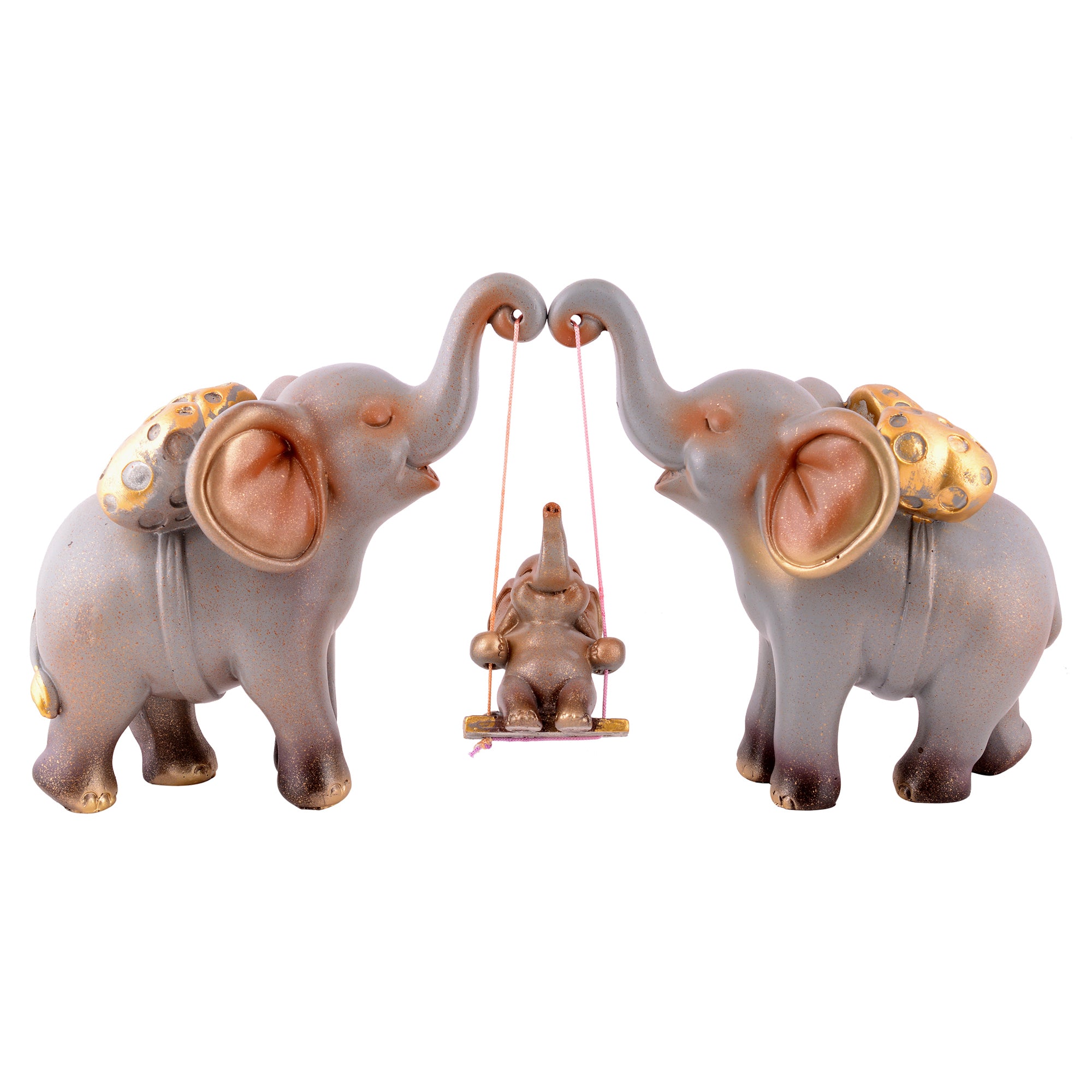 Elephant Family Showpiece with Baby on Swing - White